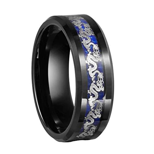 Women's Or Men's Tungsten Carbide Wedding Band Matching Rings,Black Ring With Silver Dragon Over Blue Carbon Fiber Inlay With Mens And Womens For Width 4MM 6MM 8MM 10MM