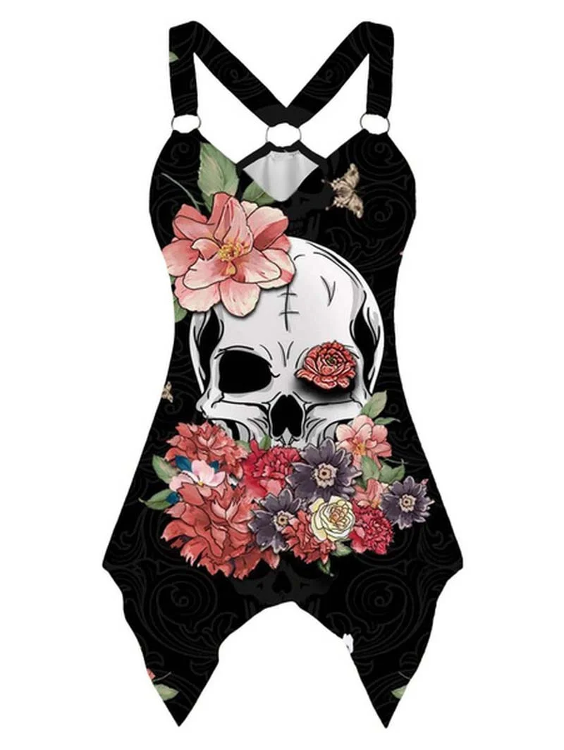 Tank Tops Women 3D Skull Print Sleeveless Tops Summer Casual Ladies Gothic Irregular Hem Fashion Vest Shirts