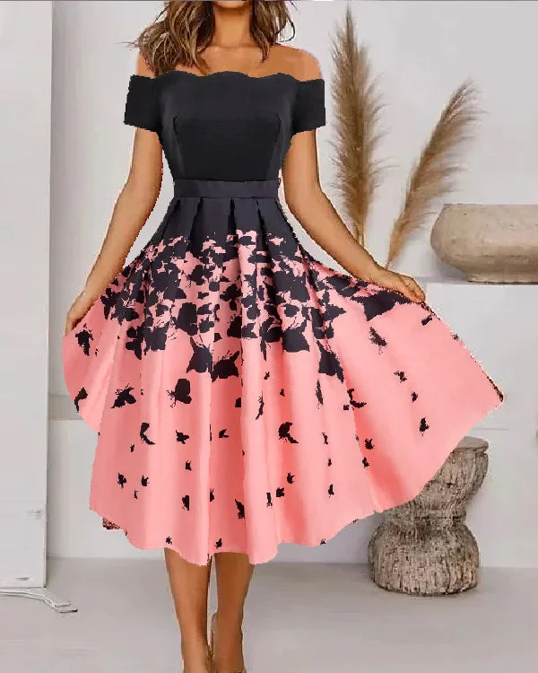 Spring and Summer Women's Summer New Off-the-shoulder Short-sleeved Printed Dress