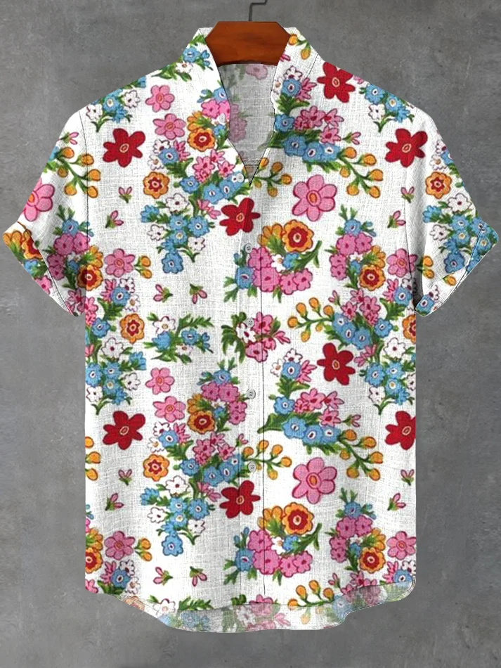 Men's Small Flower Prints Linen Blend Shirt