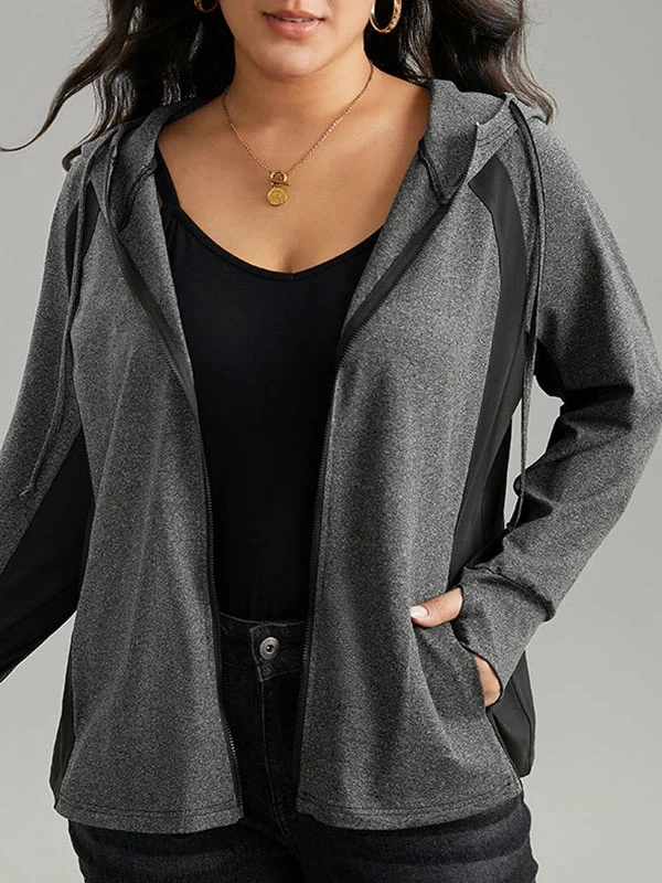 Contrast Color Drawstring Pockets Zipper Long Sleeves Plus Size Hooded Outerwear