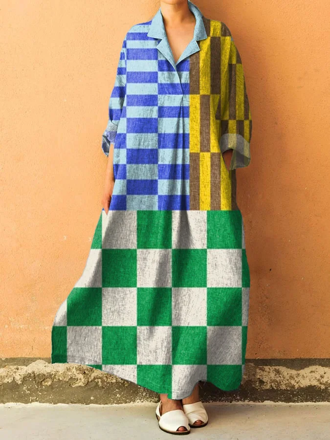 Women's Vintage Color Block Art Print V-Neck Pocket Cotton Dress