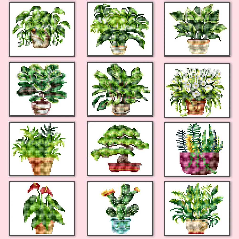 12pcs Plant DIY Mini Round Diamond Painting Set Table Decor No Frame 15x18cm
