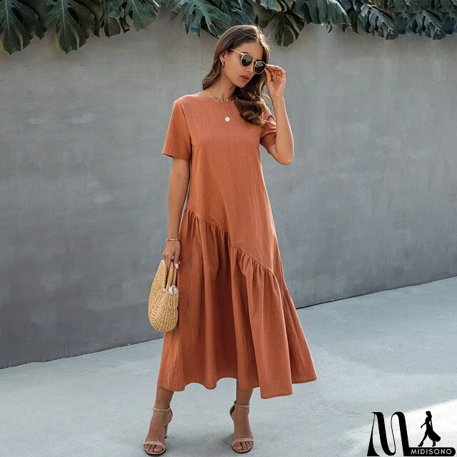 MidiSono - Women T-shirt Dress Summer Ruched Long Dresses Ladies Elegant Loose Fit Midi Clothing  Fashion Free People Dresses For Women