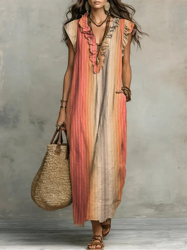 Women's Stripe Print Casual Ruffled Stylish Cotton Linen Dress