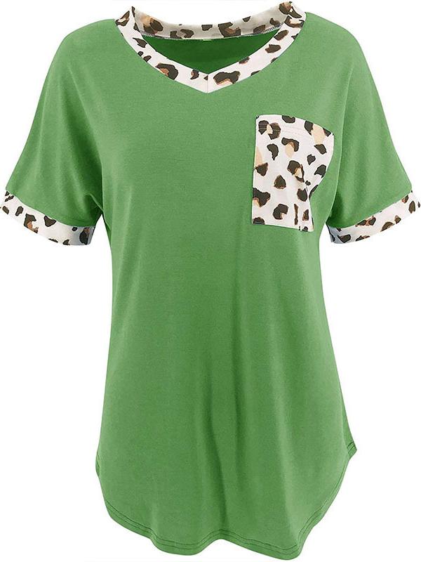 Women Casual Short Sleeve Scoop Neck Leopard Printed Tops With Pockets