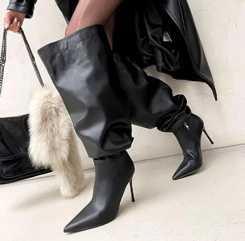 VCSHOES Black Matte Leather Loose Big Calf Pointed Toe Thin Heels Knee High Boots Women Tube Street Style Long Botas