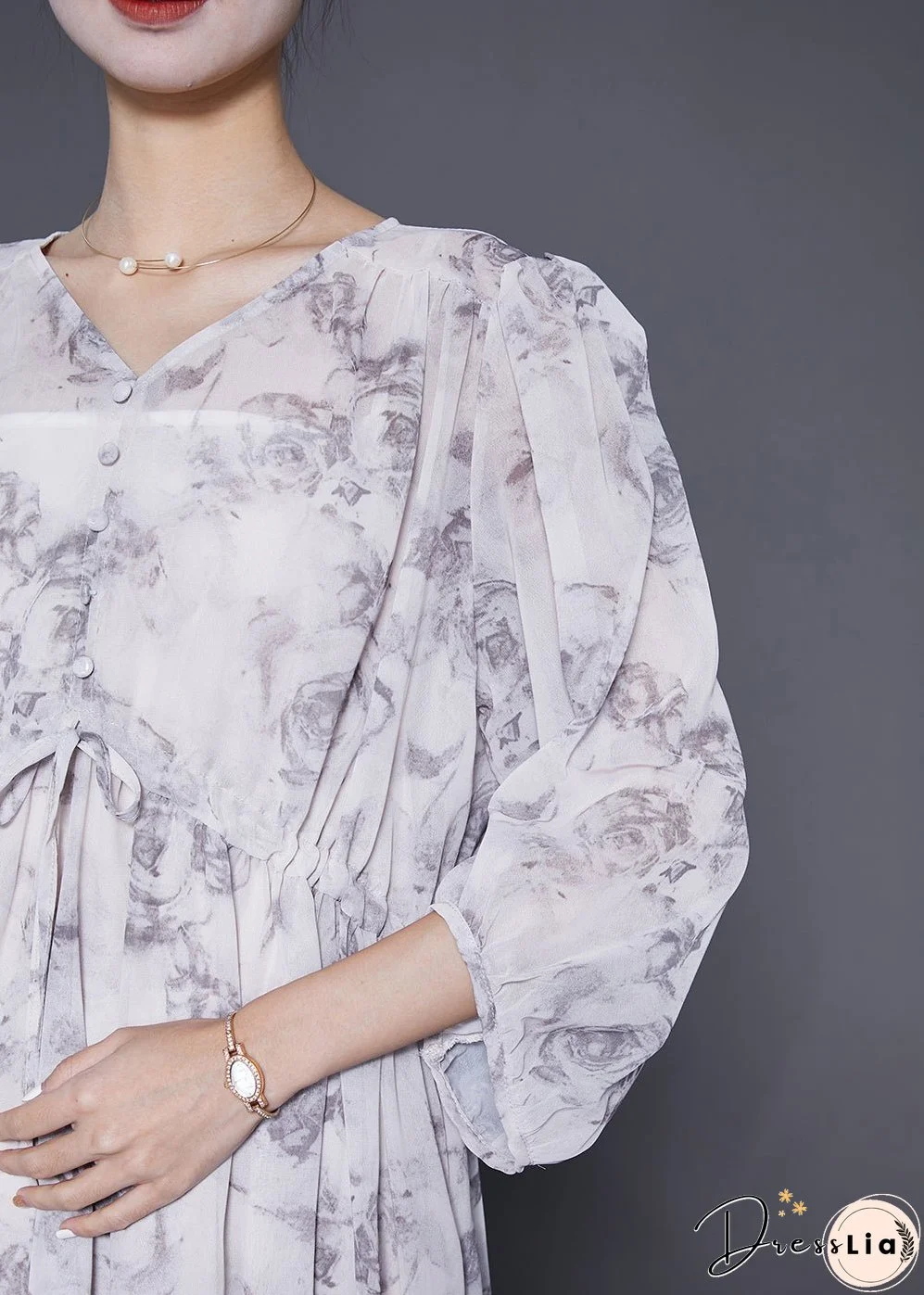 Women White Cinched Rose Print Chiffon Party Dress Summer