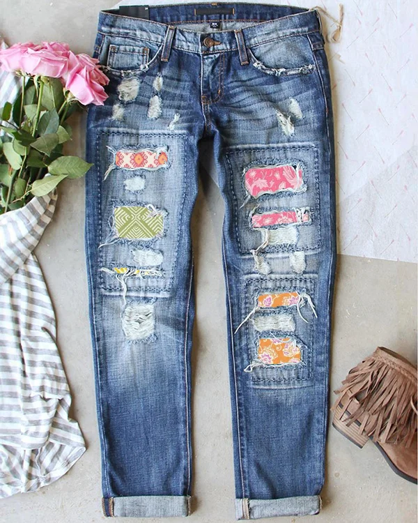 Women's Vintage Floral Print Ripped Jeans