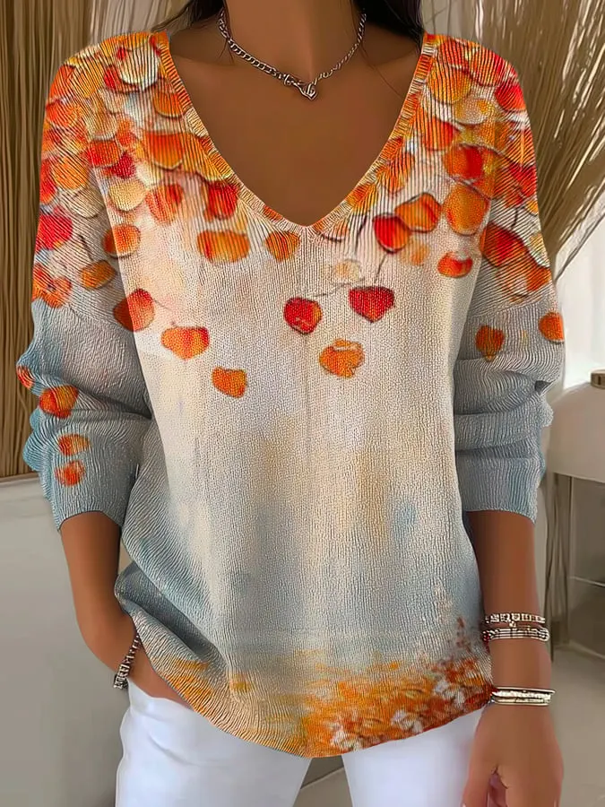 Women's Fall Leaf Print Long Sleeve T-shirt 