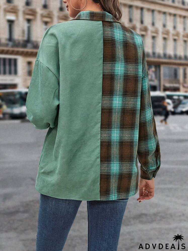 Plaid Print Drop Shoulder Corduroy Jacket