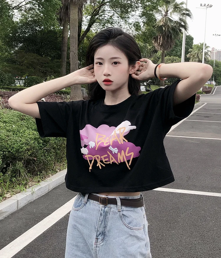 Uveng Uveng Loose T-Shirt Female 2024 Summer New Korean Print Foam Design Sense High Waist Short Short-Sleeved Jacket
