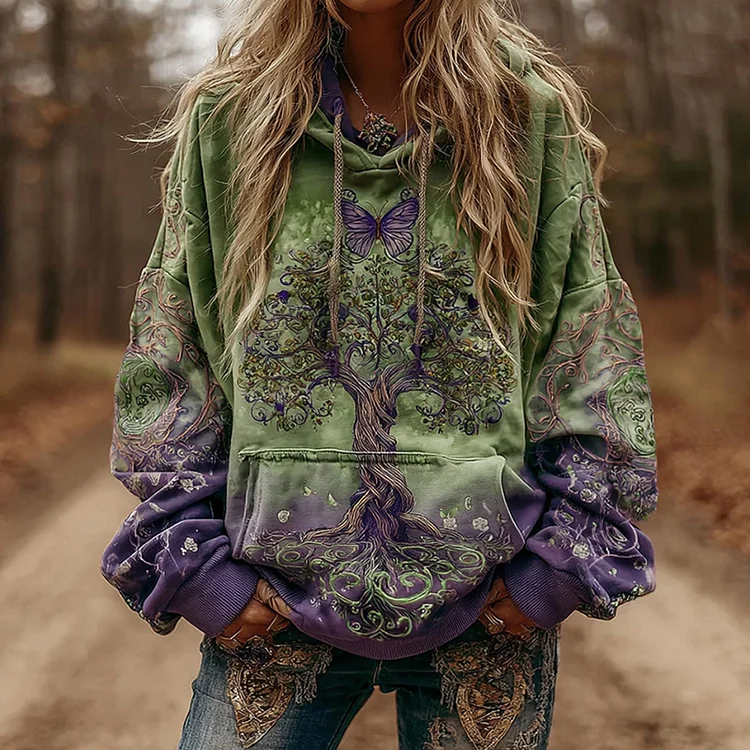 Women's Viking Tree Of Life Gradient Print Casual Hoodie
