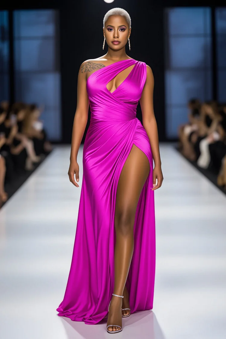 One Shoulder Cutout Wrapped Slit Party Maxi Dresses-Fuchsia [Pre Order]