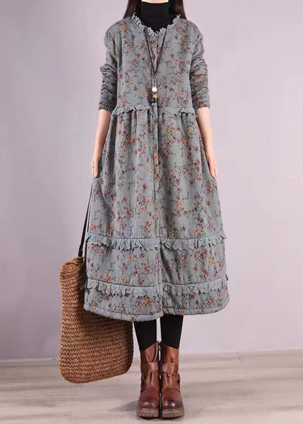 VCSHOES Blue Ruffled Print Patchwork Cotton Dresses Fall