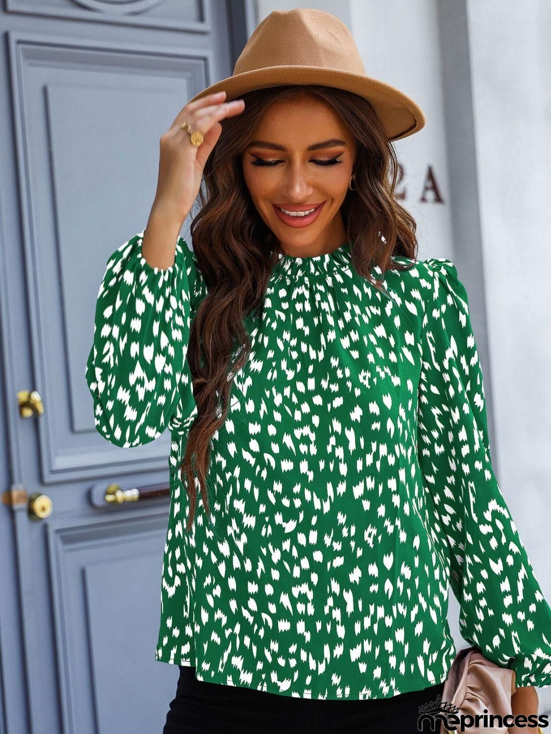 Printed Mock Neck Puff Sleeve Blouse