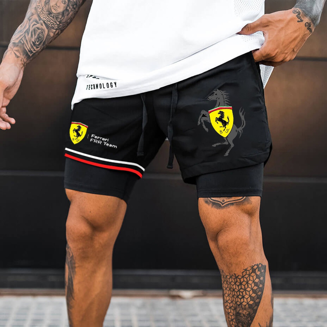 Men's Logo Print Double Layer Sports Shorts / TECHWEAR CLUB / Techwear