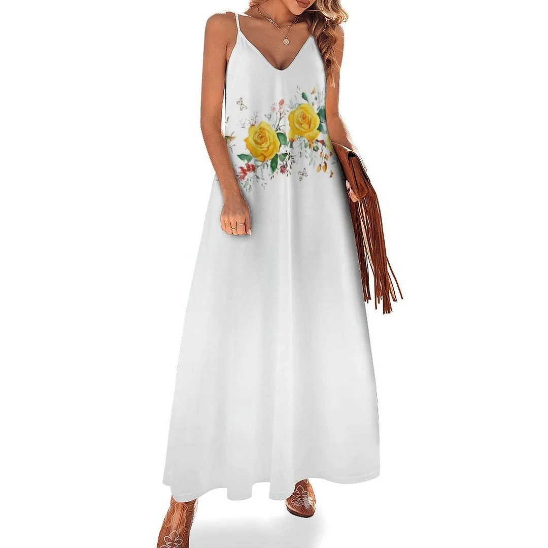 Style & Comfort for Mature Women Plus Size Printed Sling Casual Women Maxi Dress in Pattern Floral, Yellow, Pink