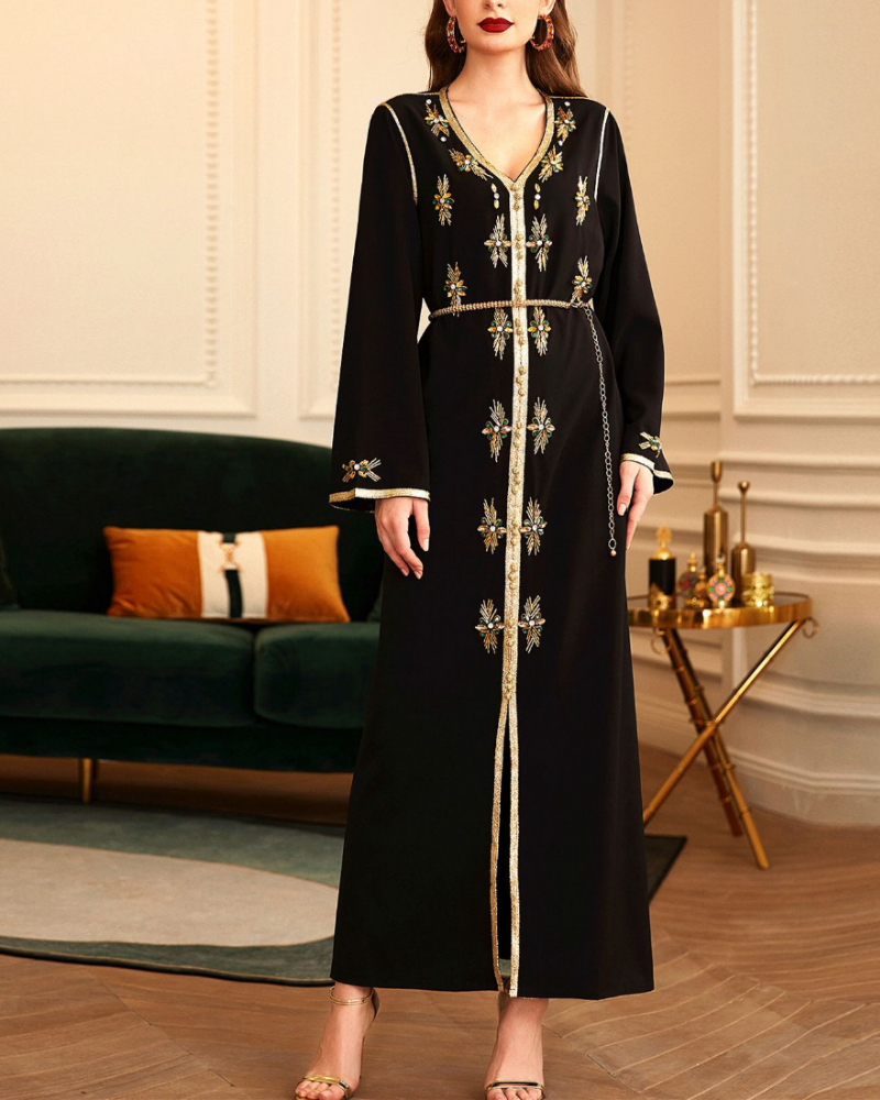 Heavy Industry Hand Sewn Gold Edge V-Neck Gold Tube Rhinestone Robe