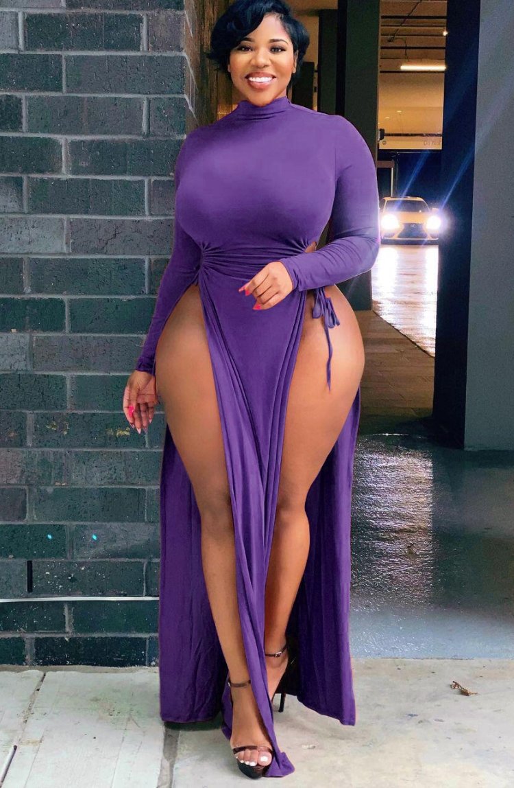 Autumn Plus Size Sexy High-Neck Long Sleeve Wasit Tie Slit Long Dress4