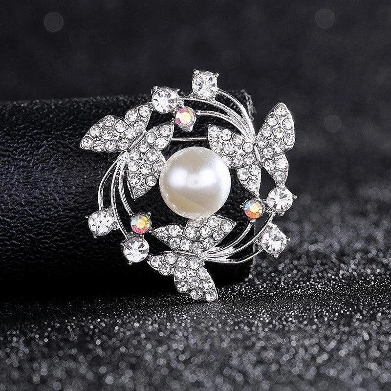 Fashion Pin Flower Alloy Plating Inlay Artificial Gemstones Pearl Women’S Brooches