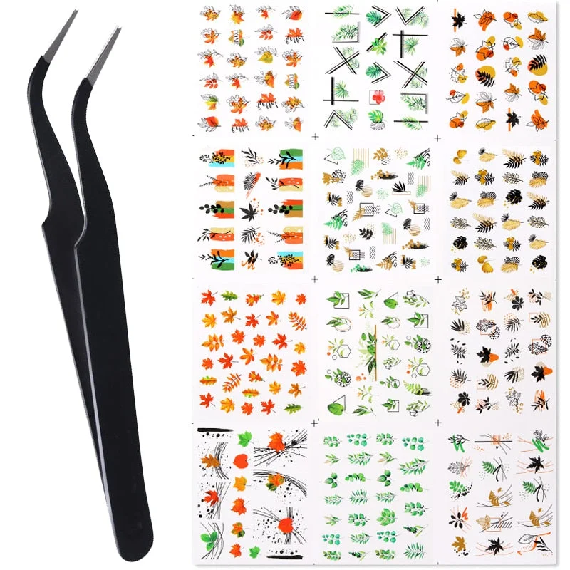 Harunouta Water Decals Stickers Summer Simple Green Leaves Butterfly Geometric Lines Flowers Nail Art Decorations Manicures