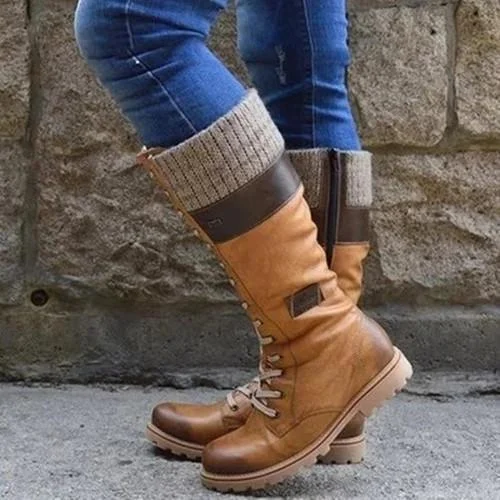 Vintage Lace Up Flat Heel Mid-Calf Boots