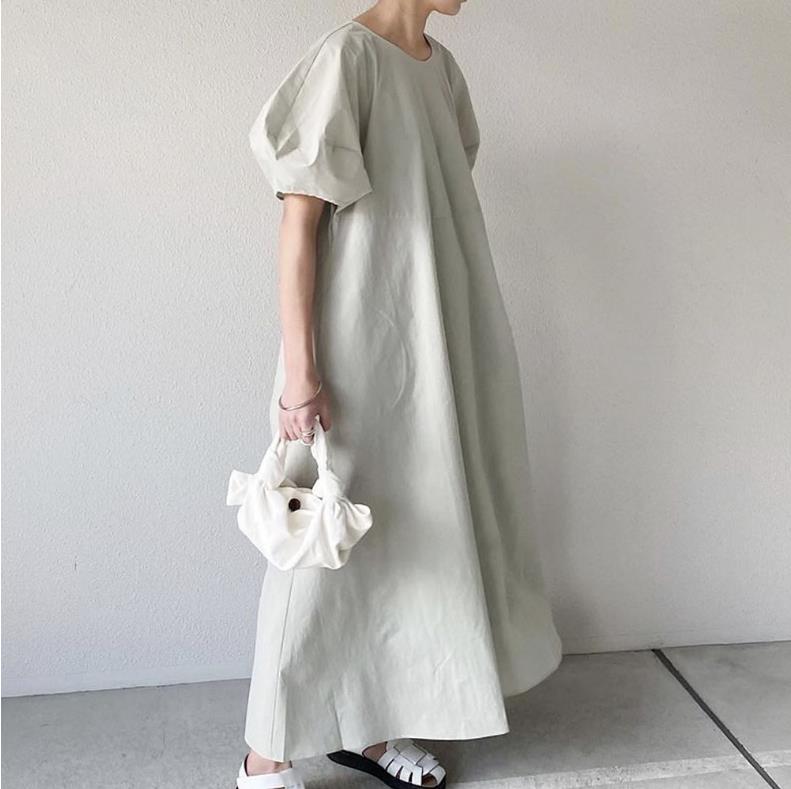 Loose Solid Color Bubble Sleeve Maxi Dress
