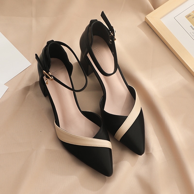 Heels Pumps Women Pointed Toe Ankle Strap High Heels Shoes Woman Pu Leather Patchwork Office Shoes Female