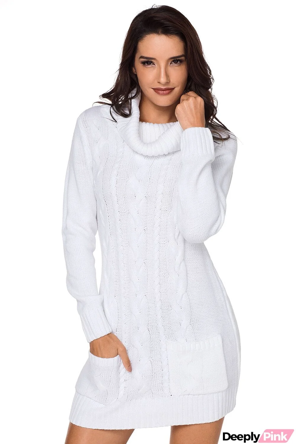 Colorblock Cowl Neck Cable Knit Sweater Dress