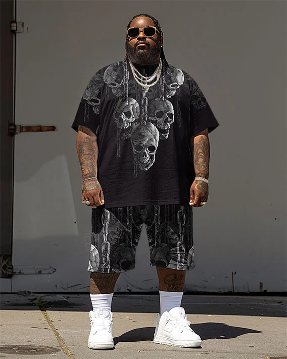 Men's Plus Size Street Hip Hop Skull Chain Print T-Shirt Shorts Suit