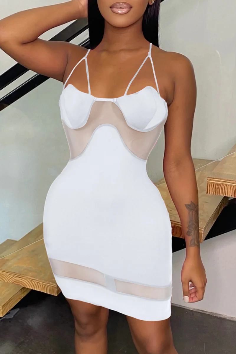 White Fashion Sexy Solid Patchwork Backless Spaghetti Strap Sleeveless Dress | EGEMISS