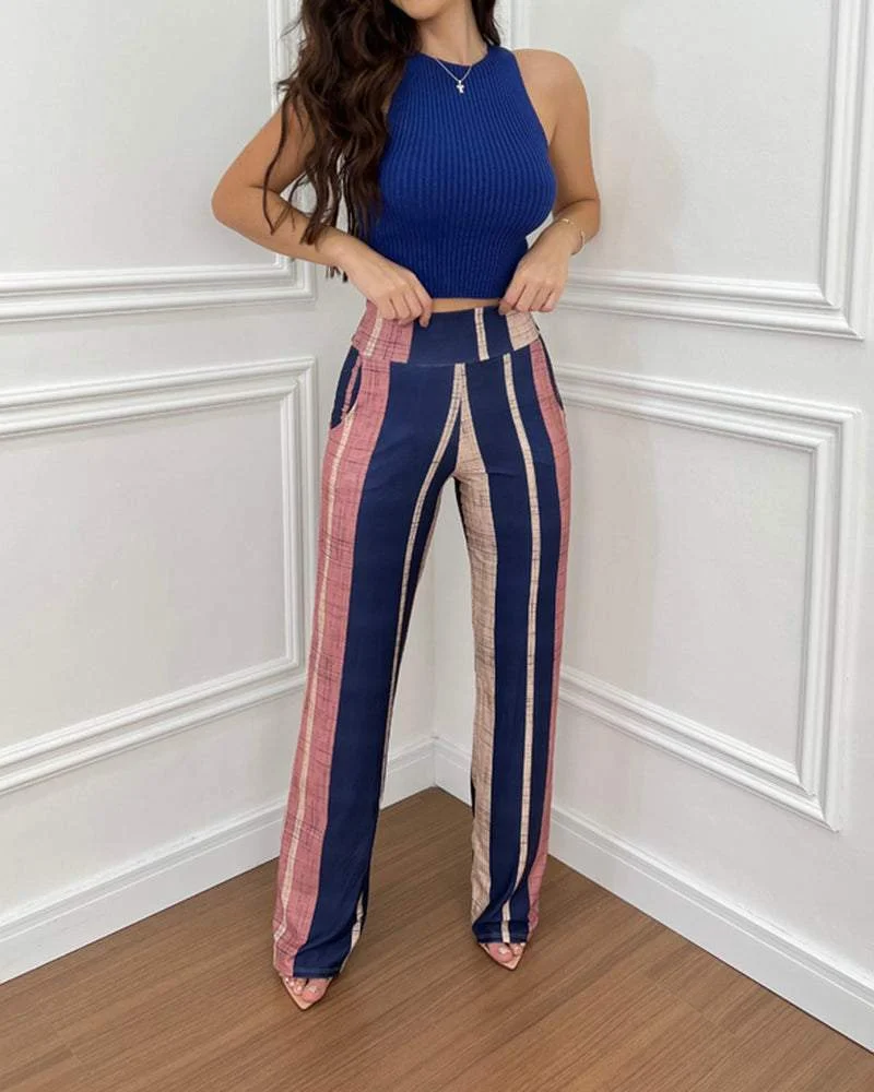 SLEEVELESS TANK TOP + STRIPED PRINT PANTS TWO PIECE SET