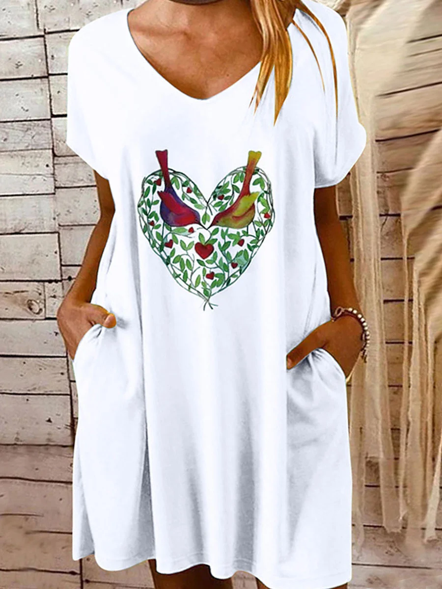 V-neck Valentine's Day Print Casual Short Dress