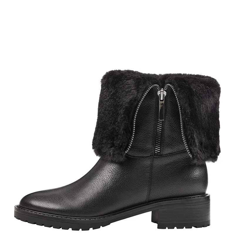 TAAFO Black Med Chunky Heels Round Toe Booties Woman Ankle Boots Zipper  Ladies Turned-Over Edge Shoes