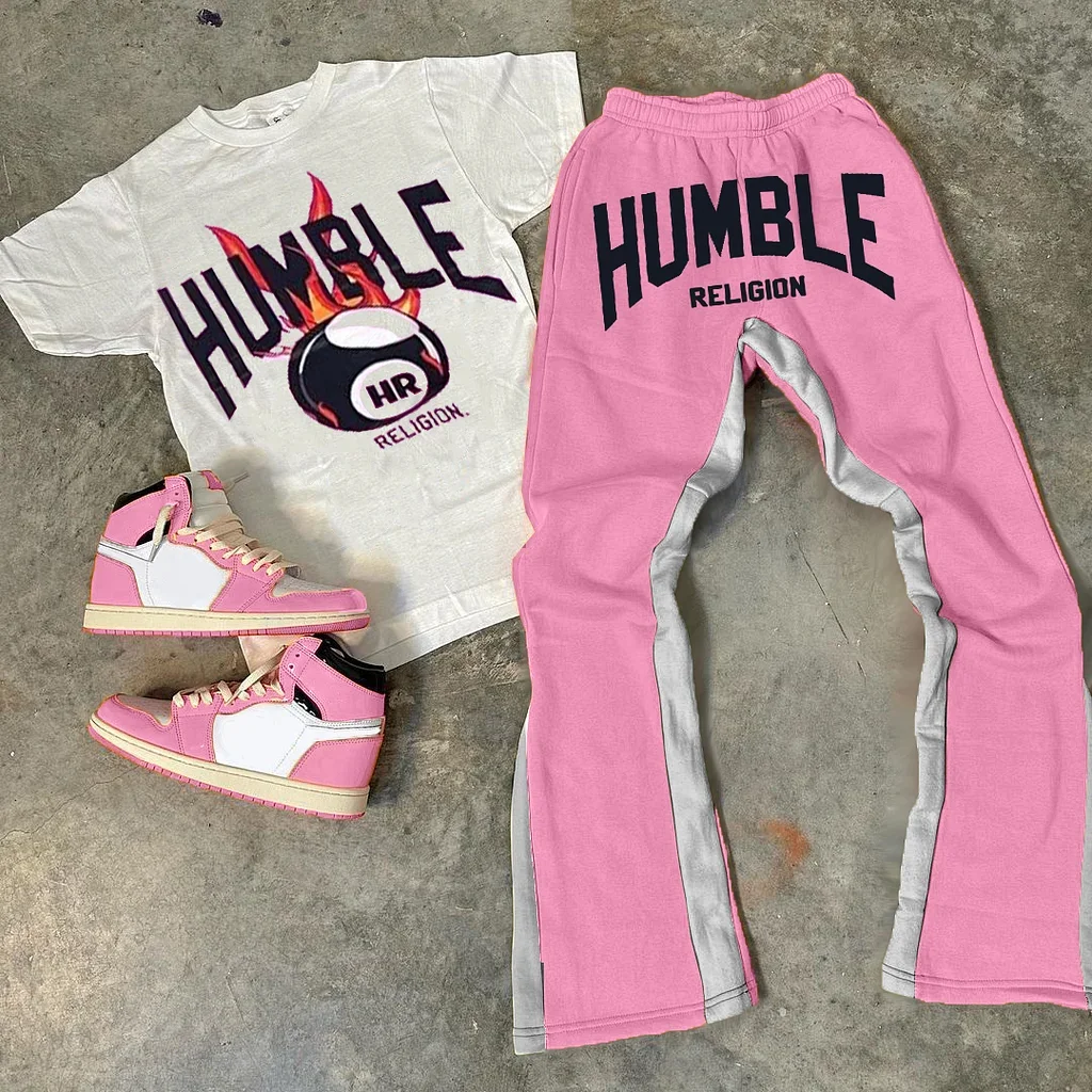 Personalized Humble Print Graphic Short Sleeve Tee & Flared Trousers Two Piece Set