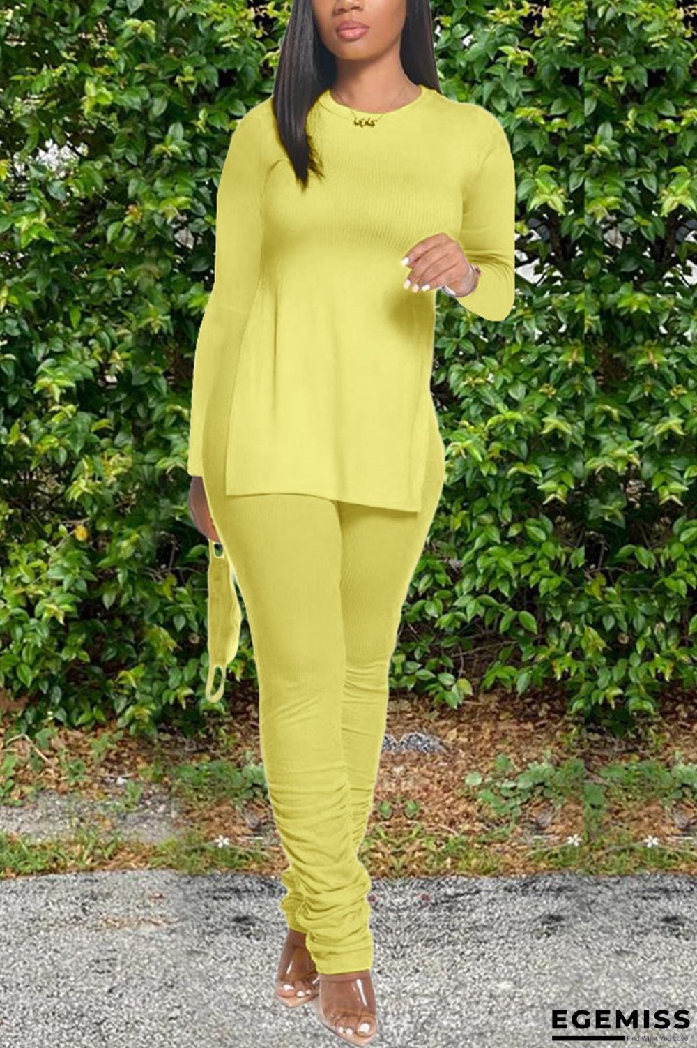 Yellow Fashion Casual Long Sleeve O Neck Regular Sleeve Regular Solid Two Pieces | EGEMISS