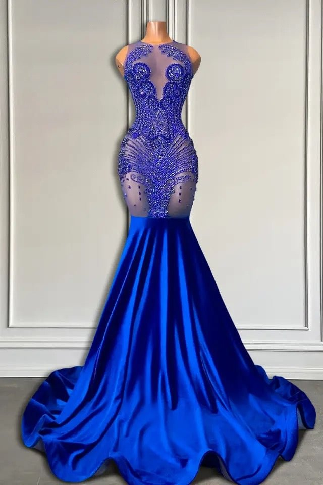 Lisliy Royal Blue Beadeds Embroidery Sleeveless Mermaid Prom Dress