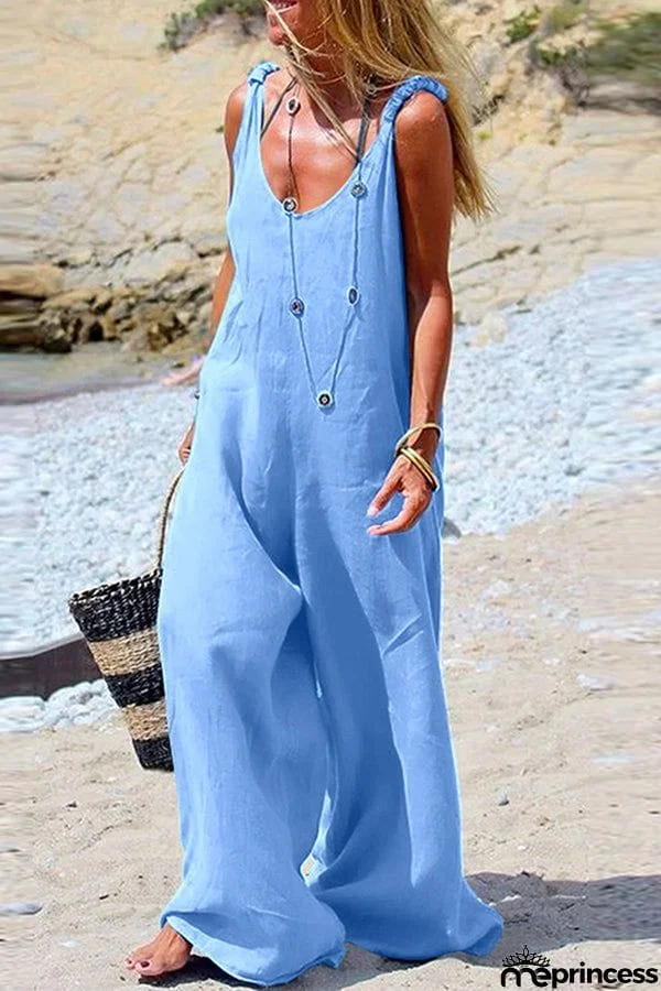 Solid V Neck Wide Leg Slip Jumpsuits