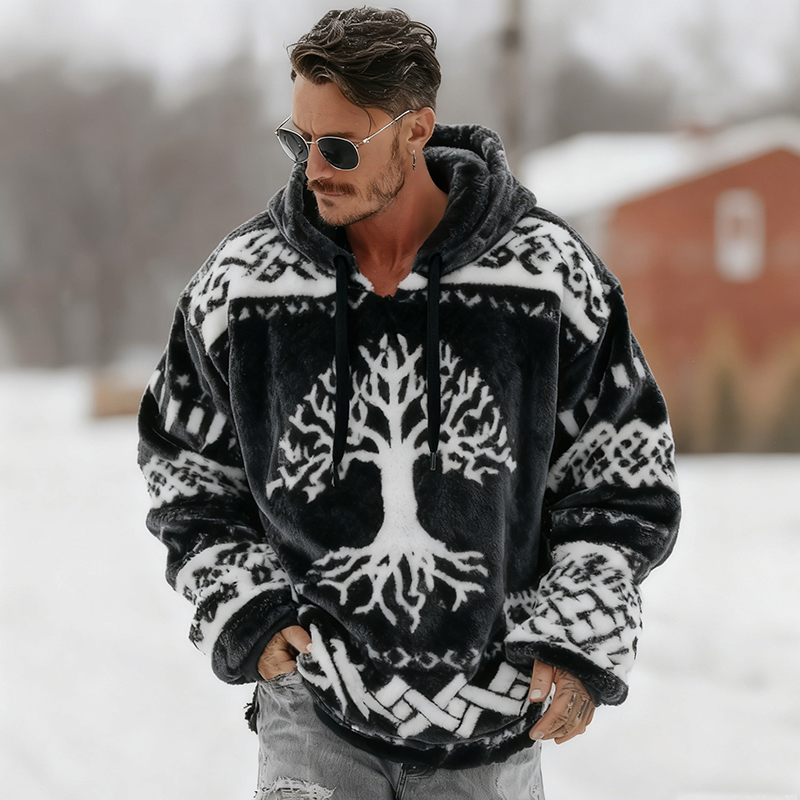 Men's Viking Celtic Tree Of Life Flannel Comfortable Warm Hooded Sweatshirt elevenforest