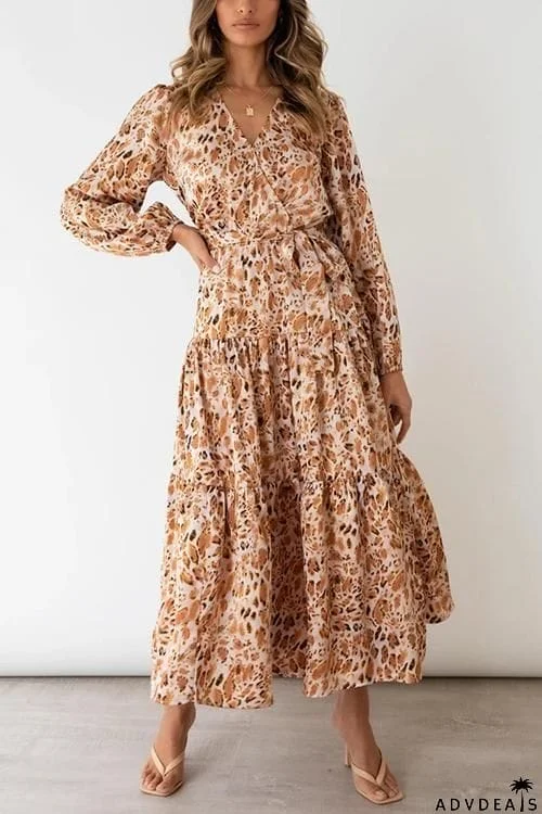 Print Belted Long Sleeve Maxi Dress