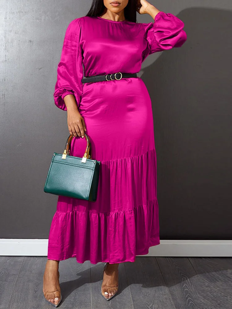Solid Ruched Ruffle Long Sleeve Maxi Dress SKUJ21148 QueenFunky