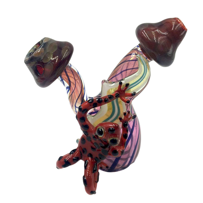 Double Pink Mushroom Glass Hand Pipe with Red Tree Frog Appendage