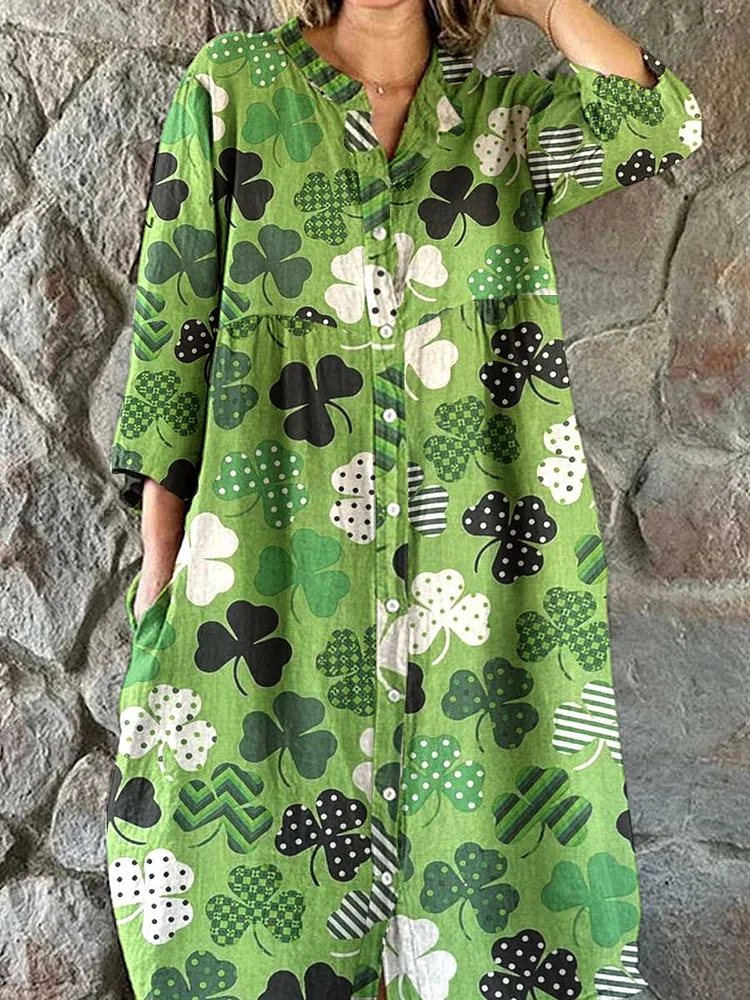 Womens  Four Leaf Clover Pattern Cotton Shirt Dress