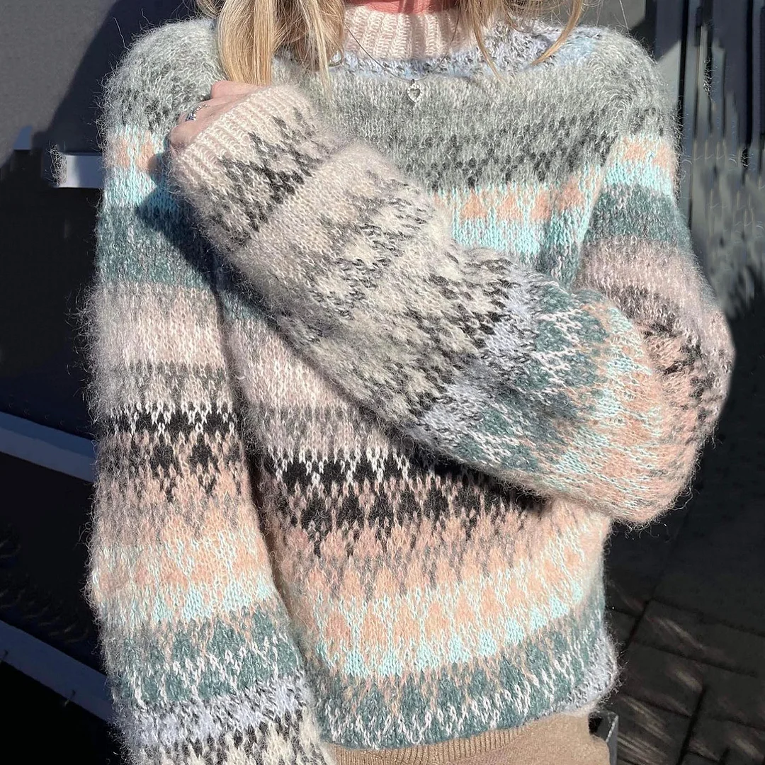 Casual Colorful Yarn Herringbone Jacquard Sweater