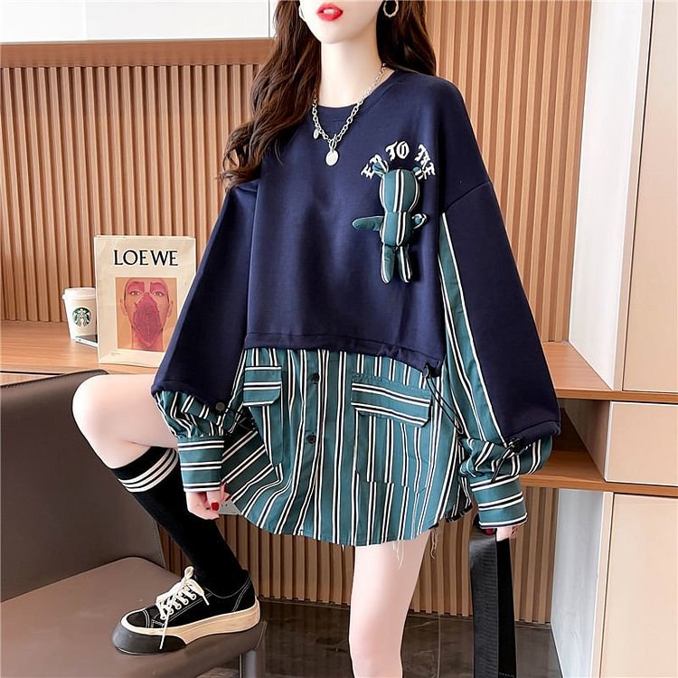 Stripes Cotton-Blend Paneled Casual Sweatshirt