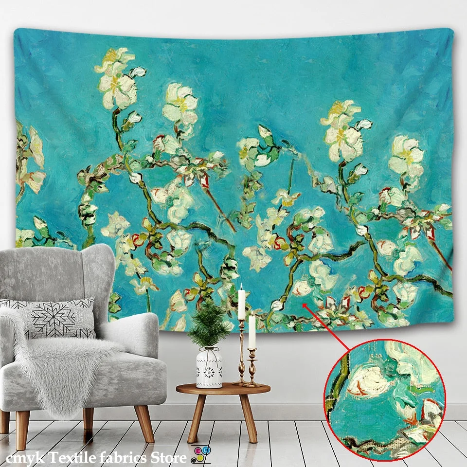 Van Gogh Oil Painting Almond Blossoms Tapestry Headboard Wall Art Bedspread Dorm Tapestry Home Decor