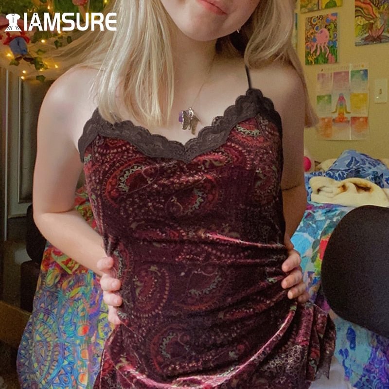 IAMSURE Grunge Fairycore Velvet Camis Tops Vintage Lace Trim Sleeveless Paisley Printed Tank Tops Women 2021 Fashion Sweet Cute