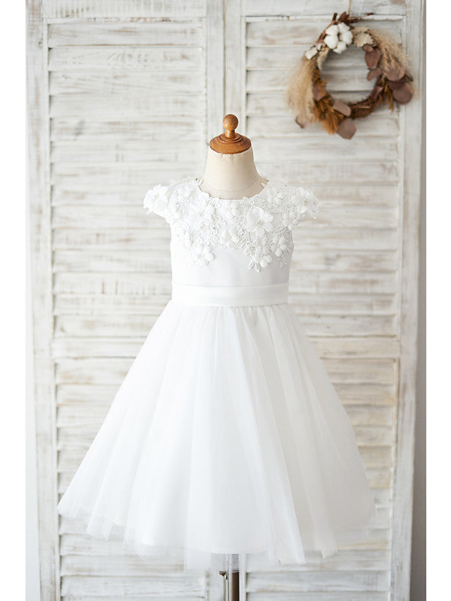 Oknass Ball Gown Cap Sleeve Jewel Neck  Flower Girl Dresses Satin Tulle With Petal  Lace  Bow