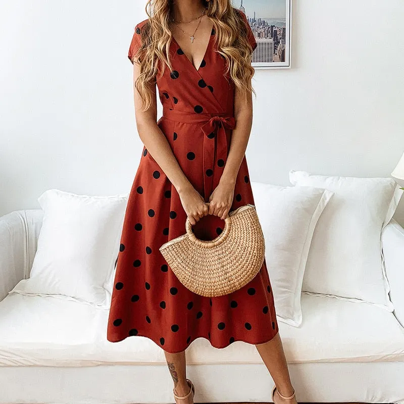 2021 Summer Dress Women Vintage Dress Casual Polka Dot Printed A-Line Party Dresses Sexy V-neck Short Sleeve Long Dress Fashion